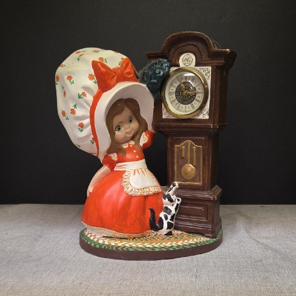 Vintage 1975 Hand Painted Ceramic Girl Grandfather Clock Cat Figurine 1970s